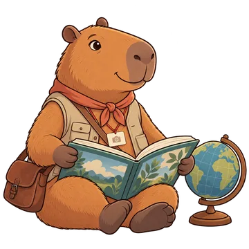 Kapybaran Buddy med väst, halsduk och presskort läser en bok bredvid en jordglob.