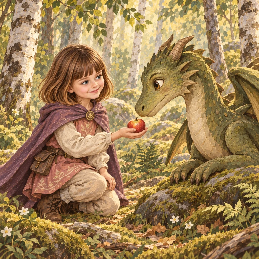 Emma med brunt bobbat hår och lugg bjuder en vänlig grön drake på ett äpple i skogen.