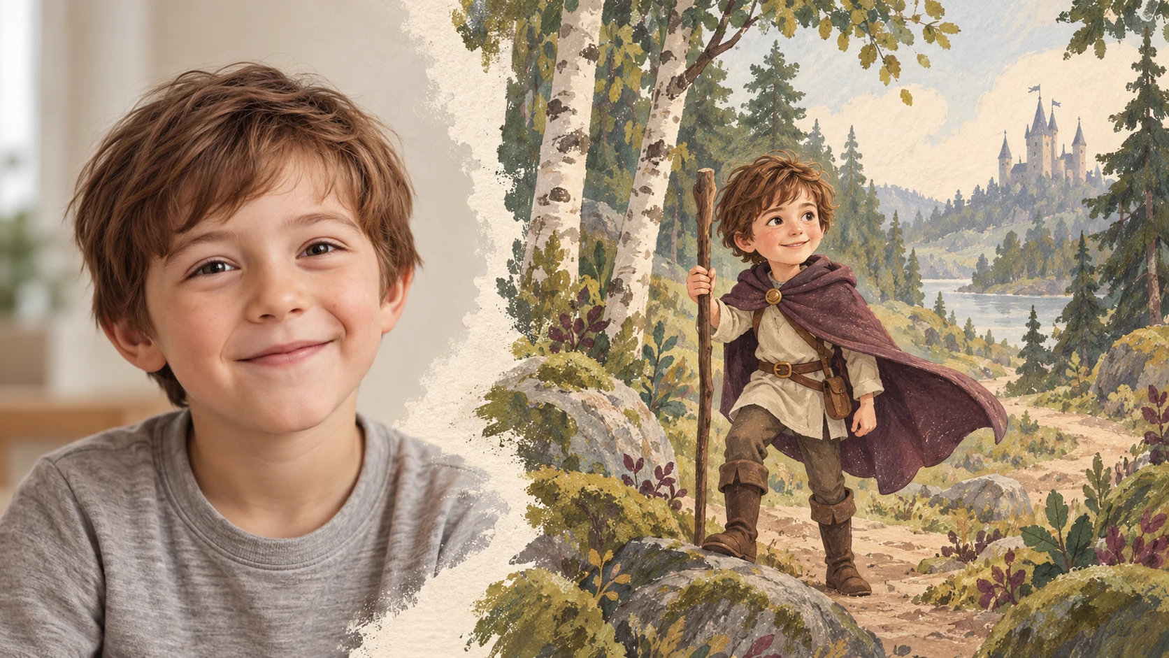 Foto på ett barn som förvandlas till en personlig barnbok med AI-illustrationer